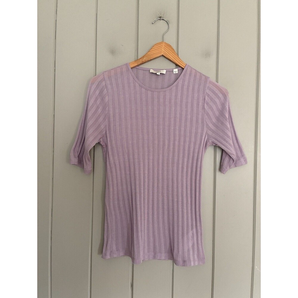 Vince Women's Ribbed Elbow Sleeve Crew T-Shirt Violetta Lavender Purple M Medium